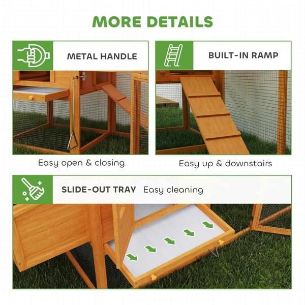 Wooden chicken coop details: metal handle, built-in ramp, slide-out tray for cleaning