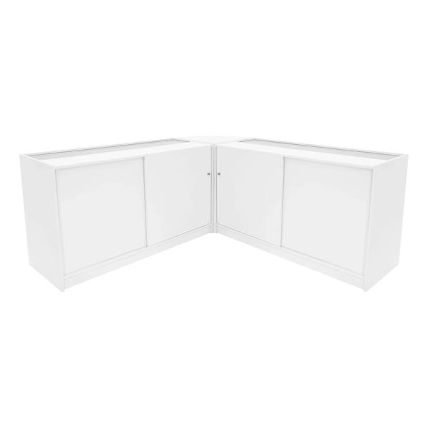 White Andromeda LED shop counter set featuring a sleek, modern design with two sliding doors and a corner configuration