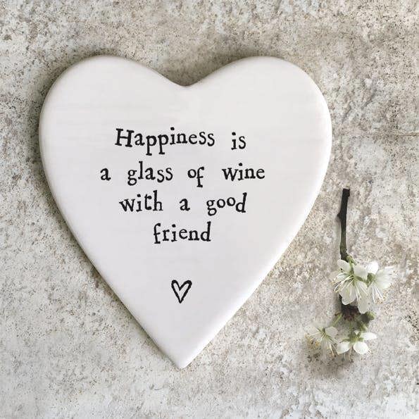 Happiness Is a Glass of Wine Porcelain Heart Coaster Gift for Friends