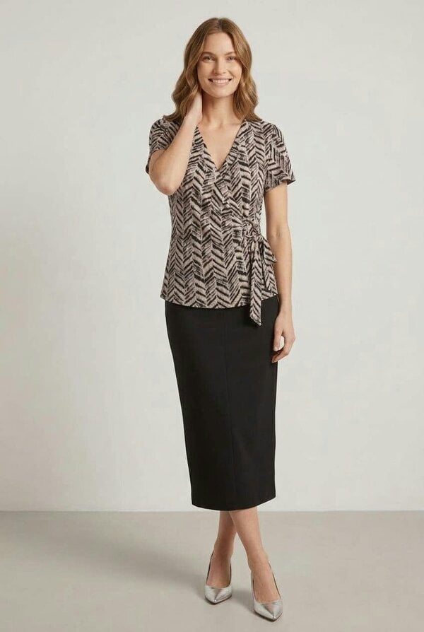 Izabel London Abstract Short Sleeve Faux Wrap Top