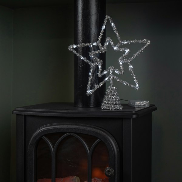Samuel Alexander 28cm Battery Powered Silver Christmas Star Tree Topper with White Multi-Action LEDs