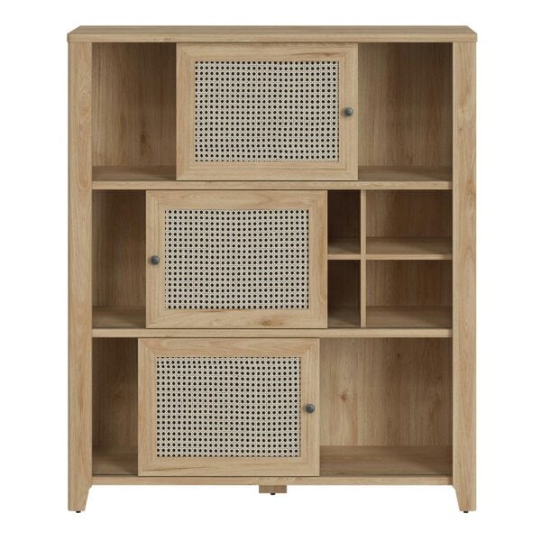 Wyld Haus Monza Natural Oak Wood and Rattan 3 Sliding Door Cabinet