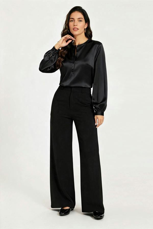 FS Collection Long Sleeve Satin Blouse Top In Black