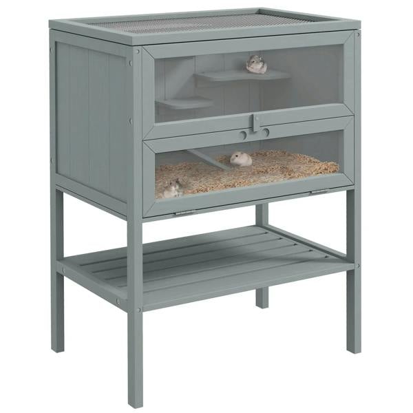 Grey 3-tier wooden small animal cage with open front and storage shelf