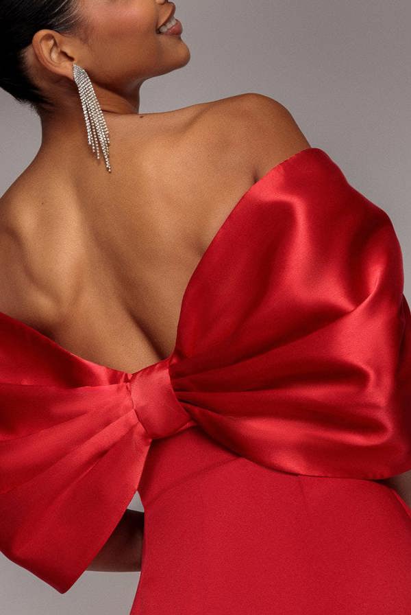 Off Shoulder Back Satin Bow Scuba Mini Dress - Red DR4713