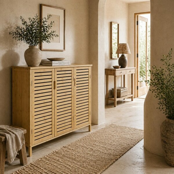 Wyld Haus Elfi Naba Wooden Natural Rustic Slatted 3 Door Shoe Cabinet With 8 Shelves
