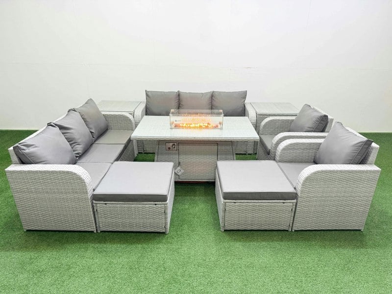 Fimous Rattan High Back Lounge Sofa Set Fire Pit Dining Table & Chairs Set with 3 Seater Sofa Reclining Chair 2 Big Footstool 2 Side Table Light Grey