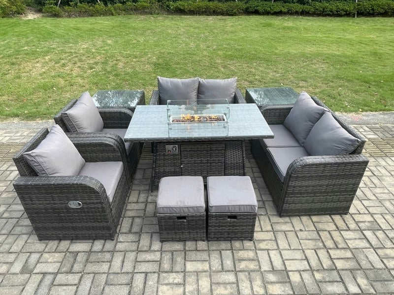 Fimous 8 Seater Rattan Garden Furniture Set Outdoor Propane Gas Fire Pit Table and Sofa Chair set with 2 Side Tables 2 Small Footstools