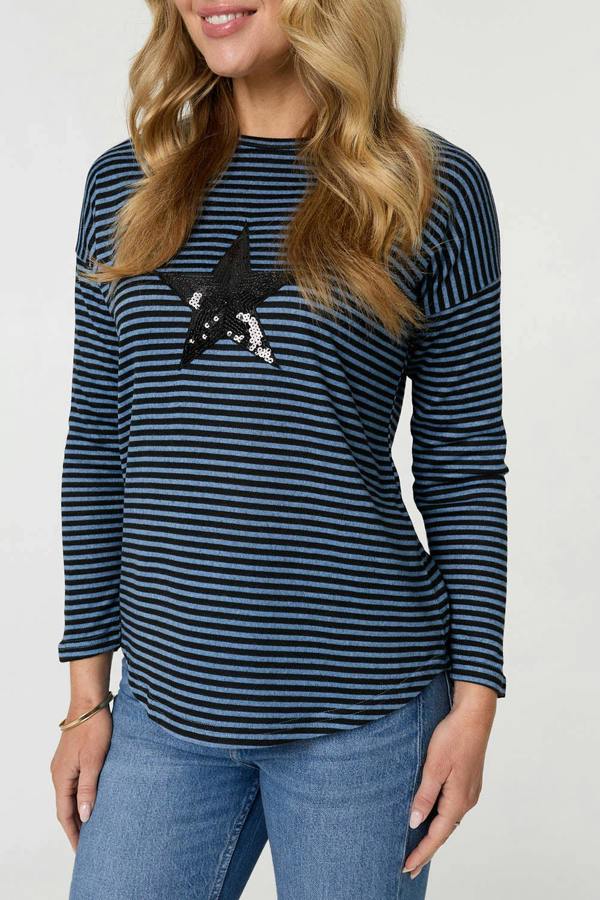 Blue | Striped Sequin Detail Long Sleeve Top
