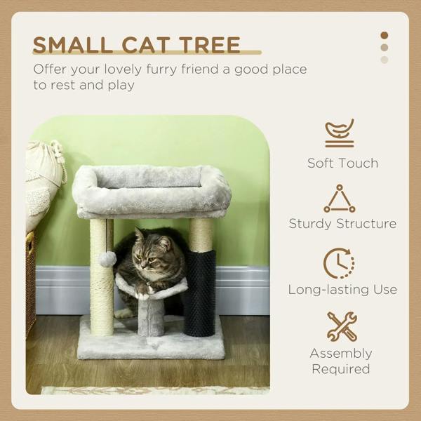 Grey cat tree with cushioned top bed, lower perch, and dark grey scratching posts for play.