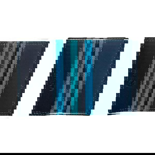 open view of blue leather credit card holder