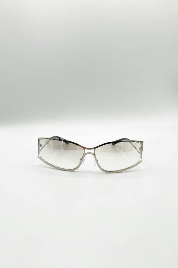 Retangle Wrap Around Metal Sunglasses In Silver - svnx