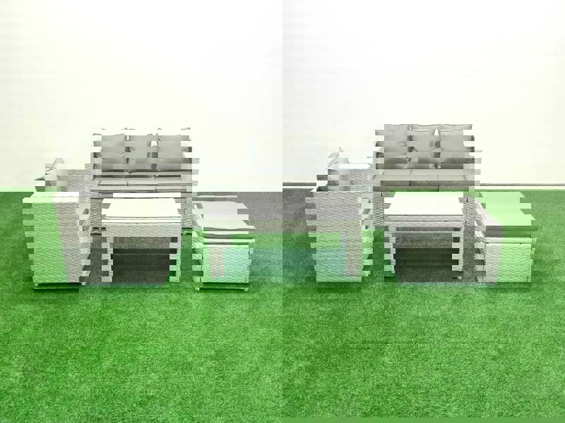 Fimous Rattan Garden Furniture Set 4 Pieces Outdoor Garden Sofa Oblong Coffee Table Set with Chair Big Footstool Light Grey Mixed