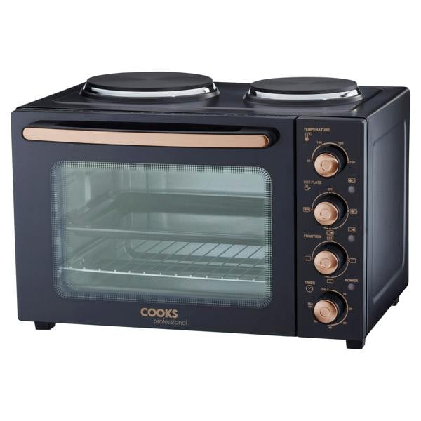 Cooks Professional 34L Mini Oven with 2 Hobs | Black / Copper