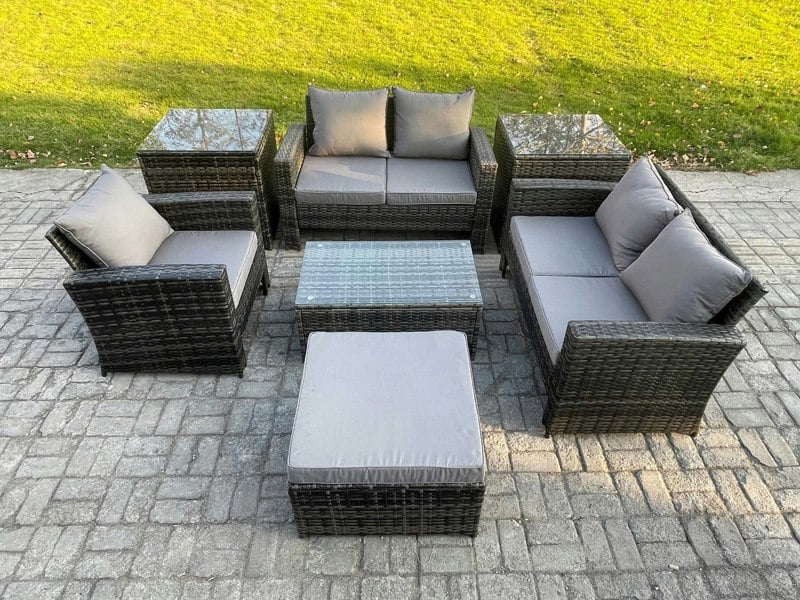 Fimous 6-Seater Dark Grey Rattan Outdoor Lounge Set | Rectangular Coffee Table, Sofa, 2 Side Tables, Large Footstool