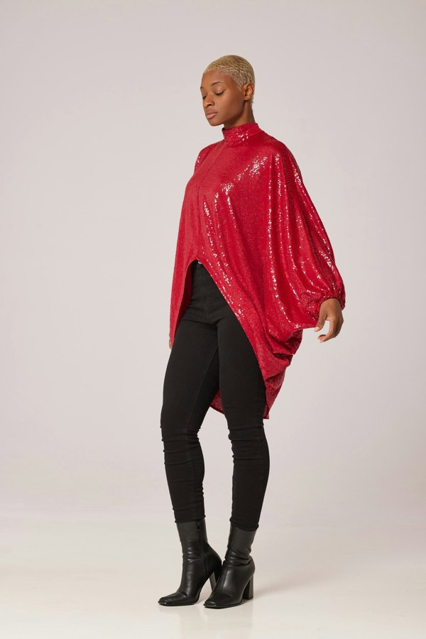 Lioness by TF Sequined Long Tunic - Cherry Red