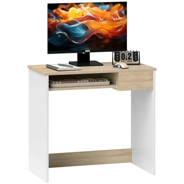 Compact computer desk with oak top, white frame, and built-in keyboard tray
