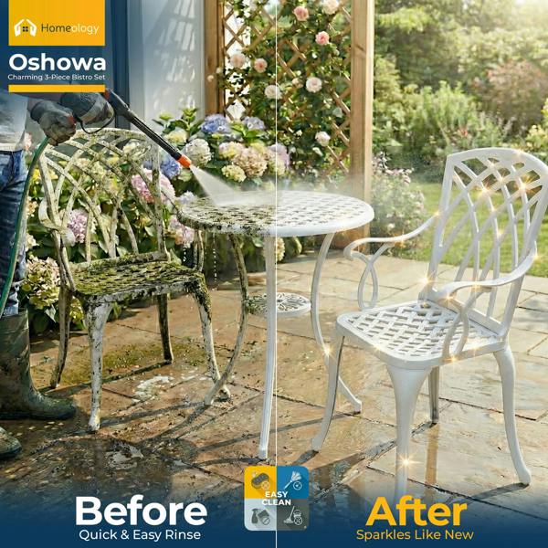 Homeology OSHOWA White Aluminium Weatherproof Outdoor Table and 2 Comfortable Chairs with Armrests Bistro Set
