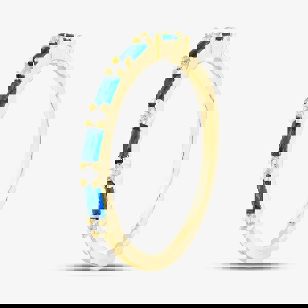 T. H. Baker Silver Gold Plated Blue Baguette & Brilliant Cut Cubic Zirconia Half Eternity Ring S2207Y