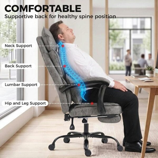 Executive Office Chair, Leathaire Big and Tall Office Chair 180 kg with Wide Seat, Reclining, Lumbar Support, Grey