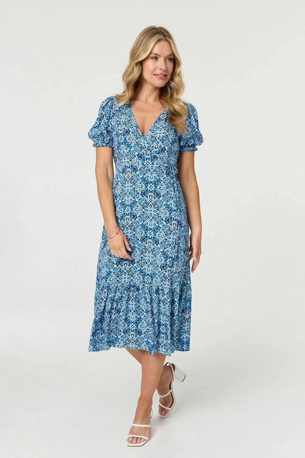 Blue | Printed Short Puff Sleeve Tie Midi Dress
