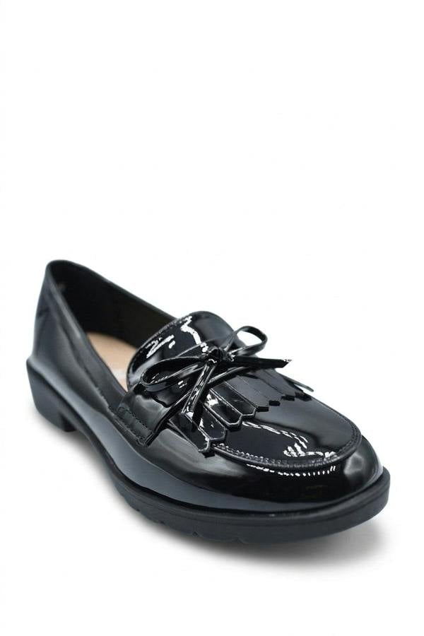 Janelle Bow Detail Flatform Slip On Loafer Shoes - Black_wb