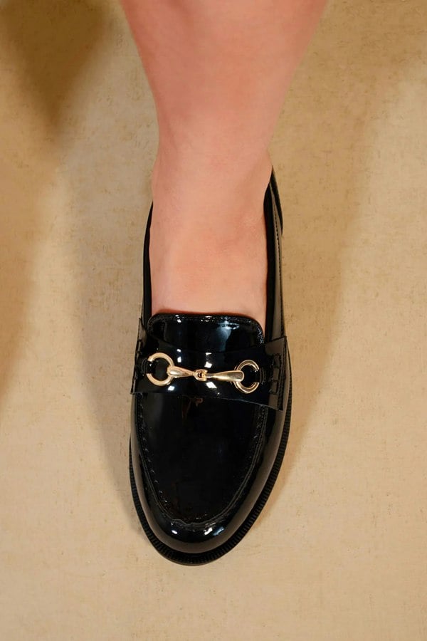 Where's That From Cielo Wide Fit Round Toe Single Metal Bar Loafers in Black Patent