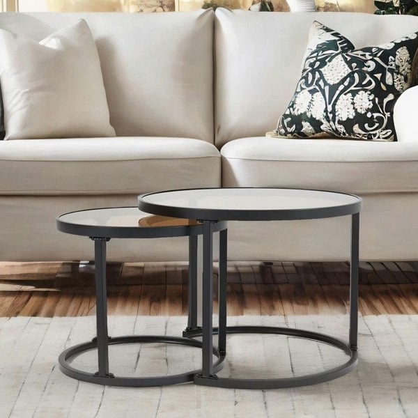 Rafaelo Mobilia Set Of 2 Round Nesting Tables With Tempered Glass Top Black