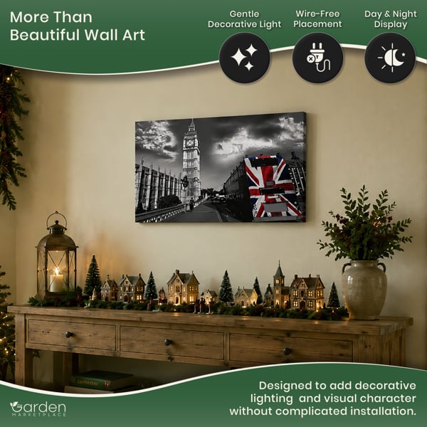 Big Ben & London Bus Scene Canvas Print with 6 LED Lights, Stretched on Wooden Frame, Battery Powered Wall Art, 60cm x 40cm