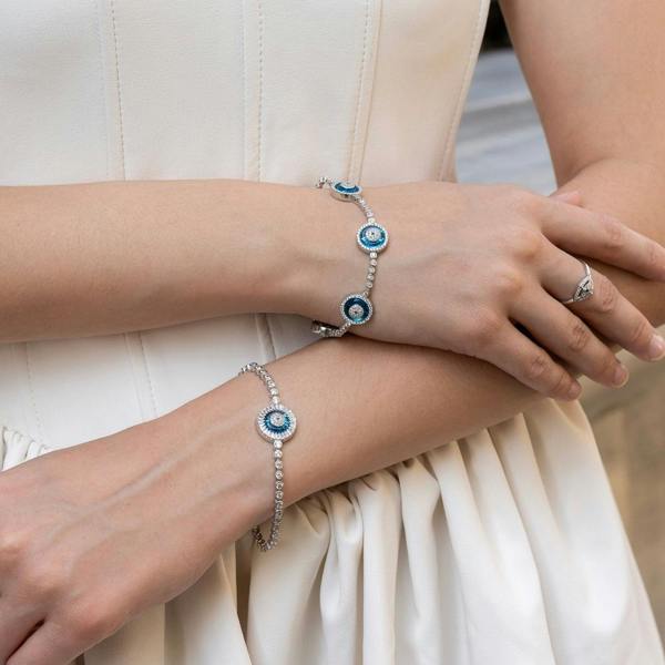 Spero London Round Bezel Evil Eye Sterling Silver Tennis Bracelet
