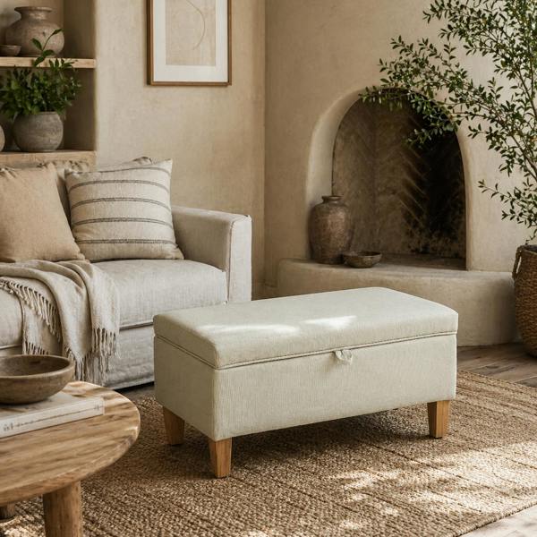 Wyld Haus Suba Linen Beige Storage Footstool With Storage Natural Wooden Legs