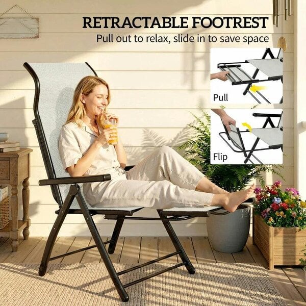 Bobobiy Reclining Garden Chairs Set of 2, 5-Position Folding Sun Loungers with High Back, Retractable Footrest, Light Grey