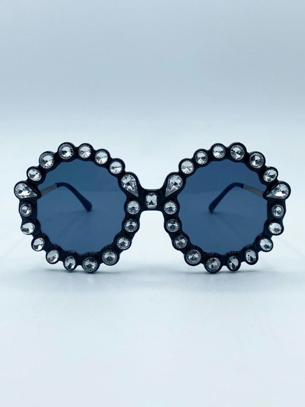 SVNX Round Floral Gem Novelty Sunglasses in Black