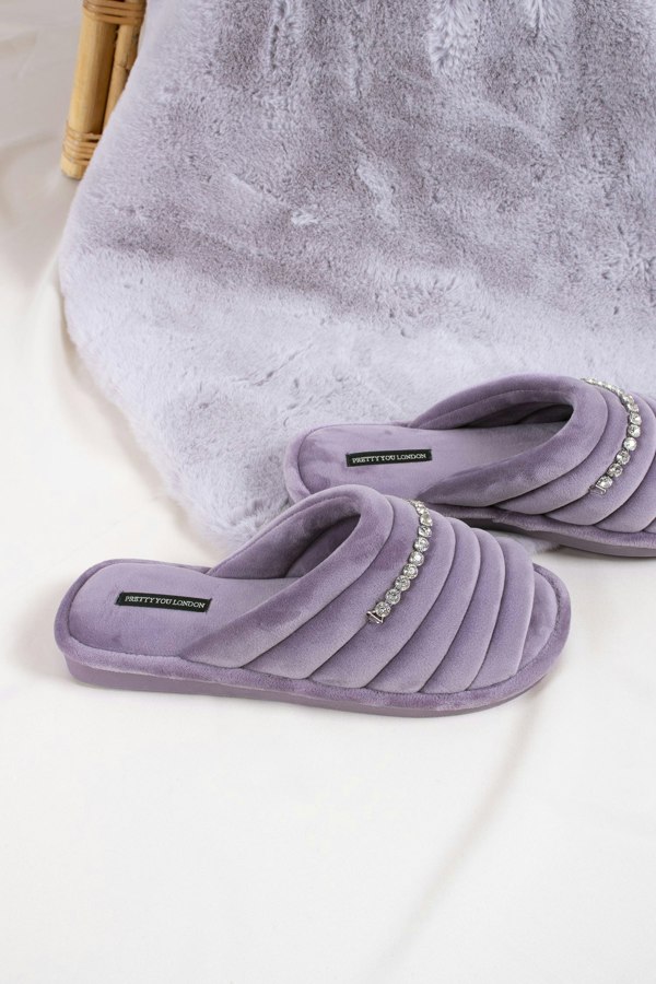 Frankie women's slider slippers in lavender combining super-soft microfibre materials with a glistening crystal diamante strap from Pretty You London