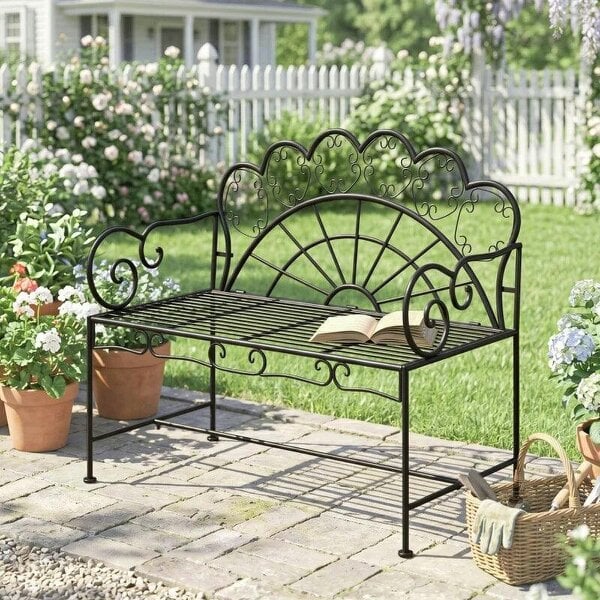 Metal Garden Bench Loveseat with Slatted Seat, Black - Black