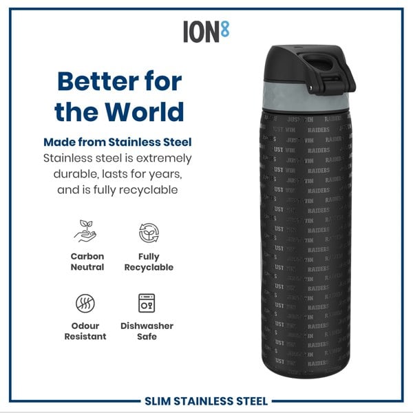 A stainless steel water bottle, featuring a dark gray and black design with repeated "RAIDERS JUST WIN" text, sits against a white background with product details.