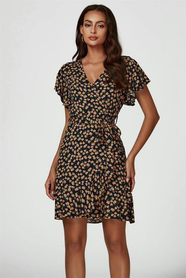 FS Collection Floral Print Wrap Top Dress In Navy
