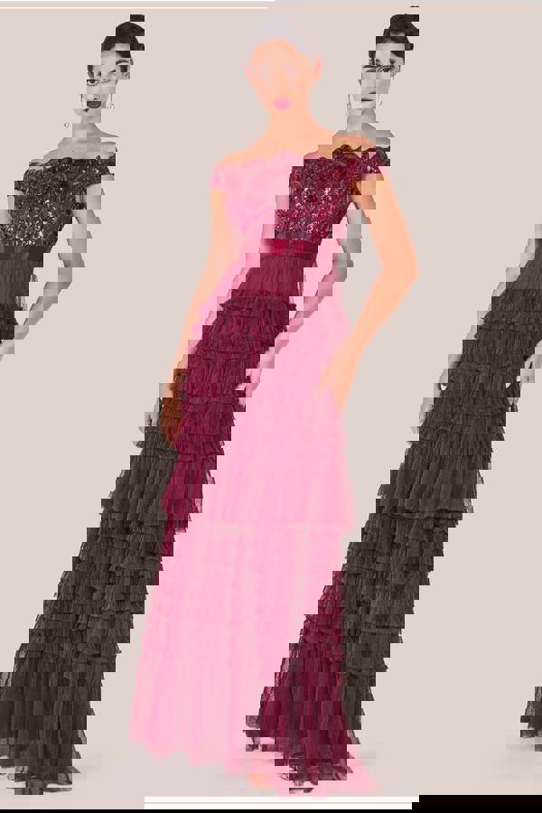 Scallop Bardot Ruffle Mesh Maxi - Burgundy DR3742