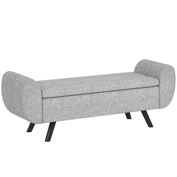 Dark grey upholstered storage bench ottoman with armrests and wood legs