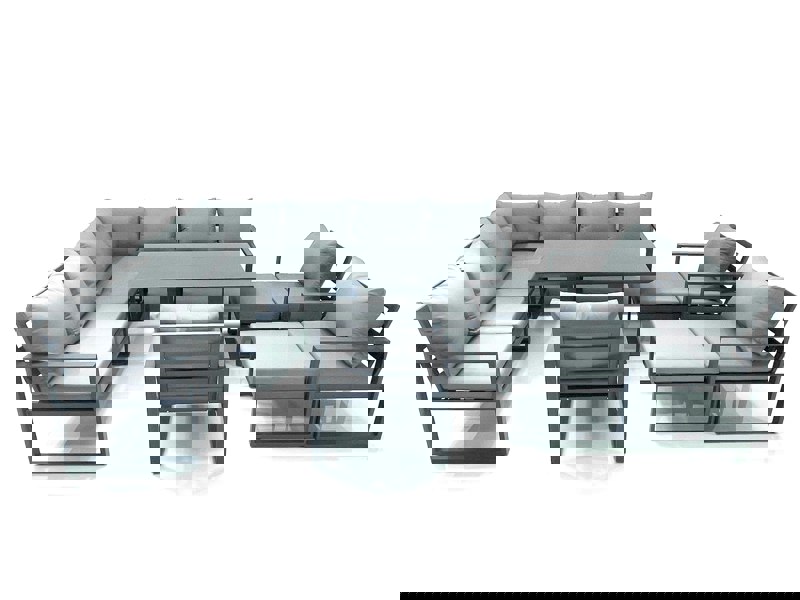 Fimous 12 Seater Outdoor Aluminum Garden Furniture Set Corner Sofa 3 Chair 2 Big Footstools Adjustable Rising Lifting Dining Table Sets Dark Grey