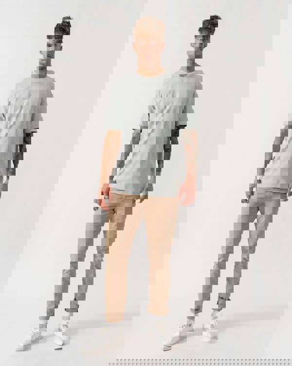 Model wearing BOSS Orange TChup Mens Crew Neck Small Logo T-Shirt in Silver 043 - Full Length