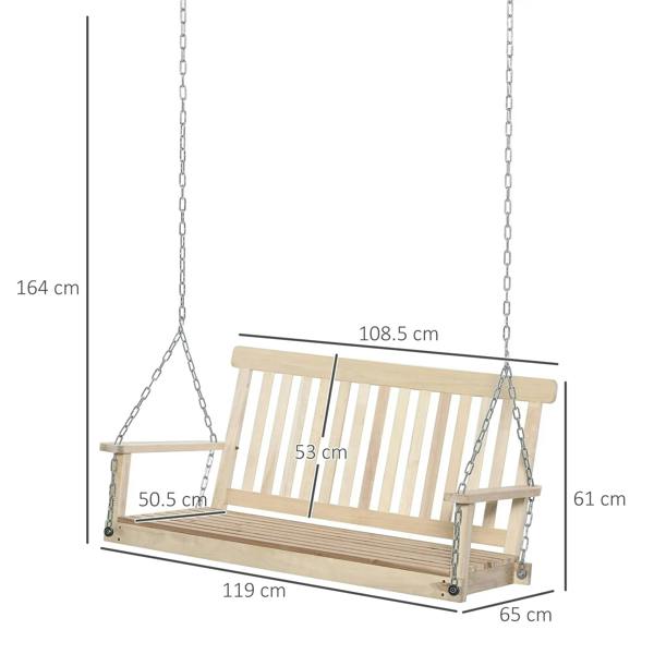 Natural 2-seater wooden porch swing bench with hanging chains and slatted seat back