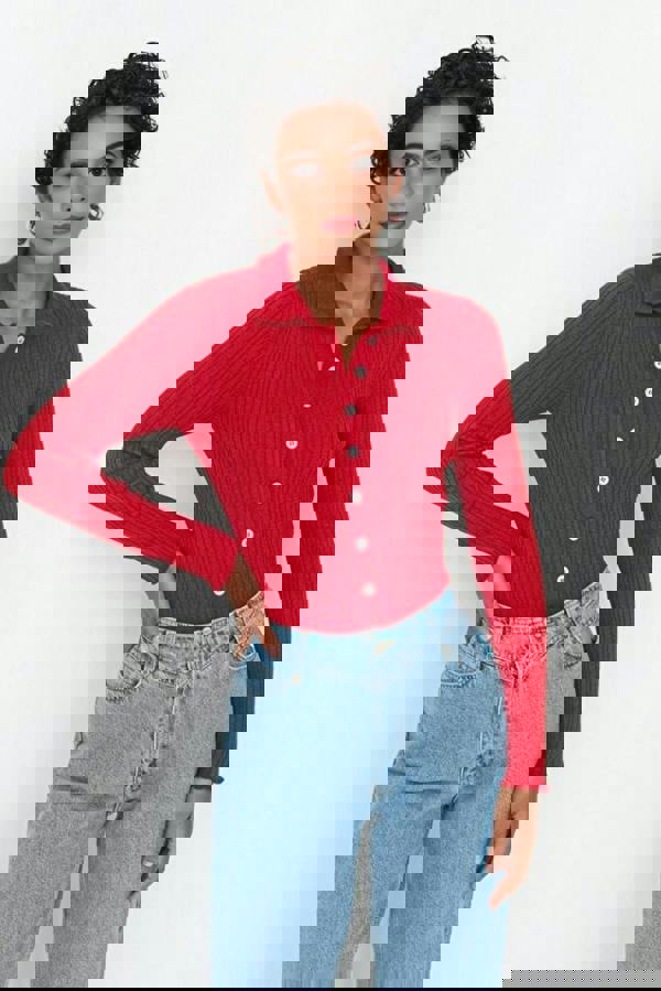 WOVCOR Mercerized Look Ribbed Polo Neck Knit Cardigan