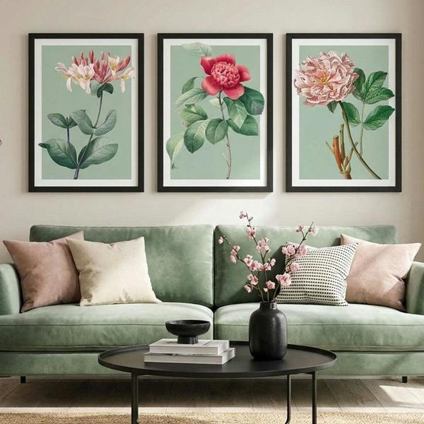 Artze Wall Art Vintage Flowers Honeysuckle, Peony Set of 3 Framed Prints