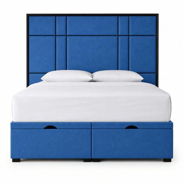 Great British Beds Alice Headboard with Contrast Border Divan Ottoman Bed - Blue Plush