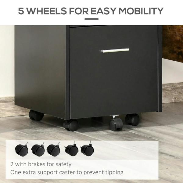 Black filing cabinet base with five rolling casters, including brake casters