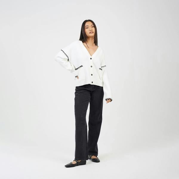 Brave Soul Ivory Contrast Stitch Button Through V-neck Cardigan - Ivory Image 3
