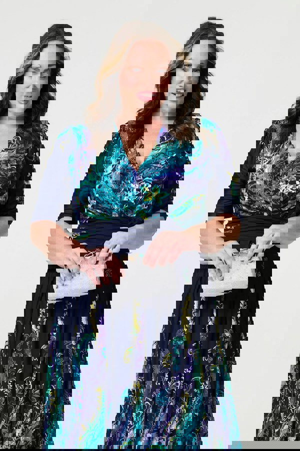 Teal | Printed Ruched Waist Midi Dress