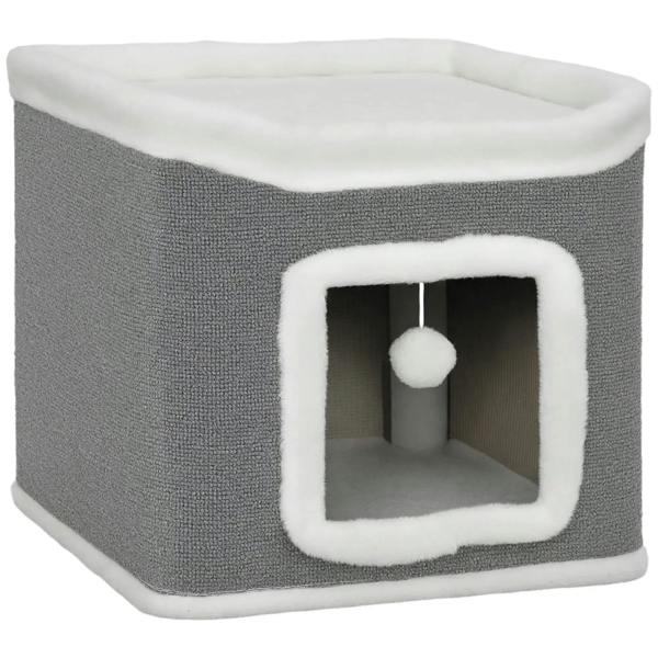 Grey 2-level cat cave bed with square door, white faux-fur trim, dangling fluffy ball