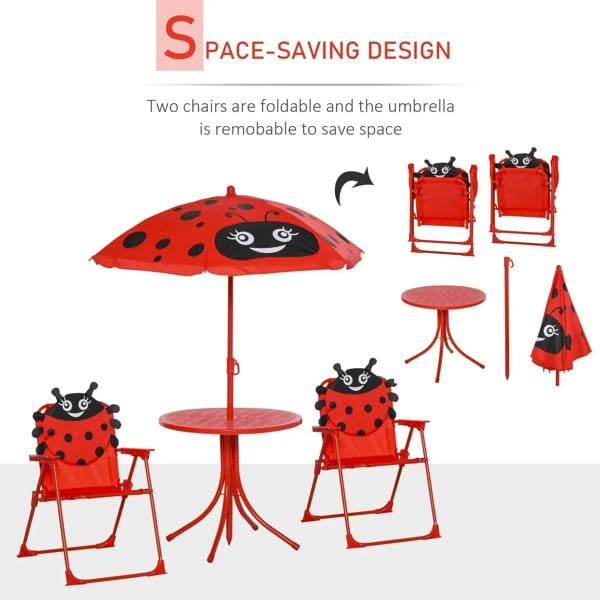 Ladybug-themed red picnic set: two folding chairs, round table, and parasol umbrella